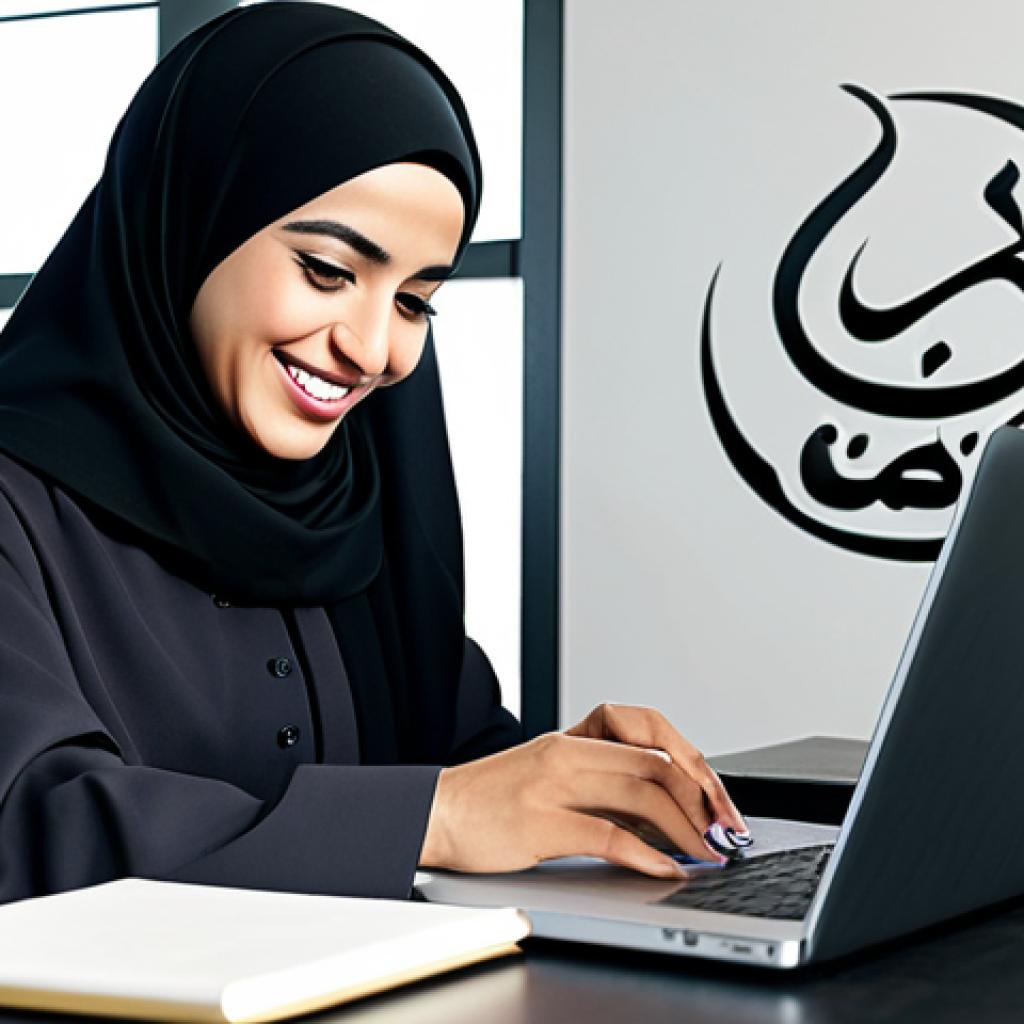 **
A professional Arab businesswoman in a modest, tailored abaya and hijab, smiling confidently while working on a laptop in a modern, sunlit office with Arabic calligraphy art on the wall, fully clothed, appropriate attire, safe for work, perfect anatomy, natural proportions, professional digital illustration, high quality.
**