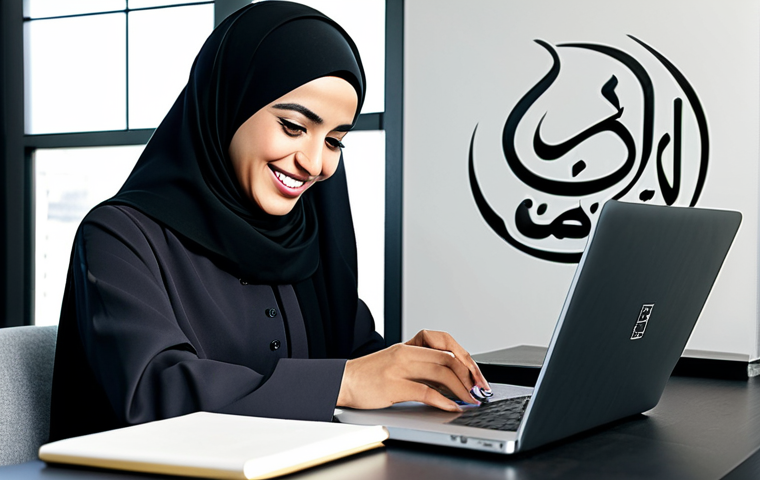 **
A professional Arab businesswoman in a modest, tailored abaya and hijab, smiling confidently while working on a laptop in a modern, sunlit office with Arabic calligraphy art on the wall, fully clothed, appropriate attire, safe for work, perfect anatomy, natural proportions, professional digital illustration, high quality.
**
