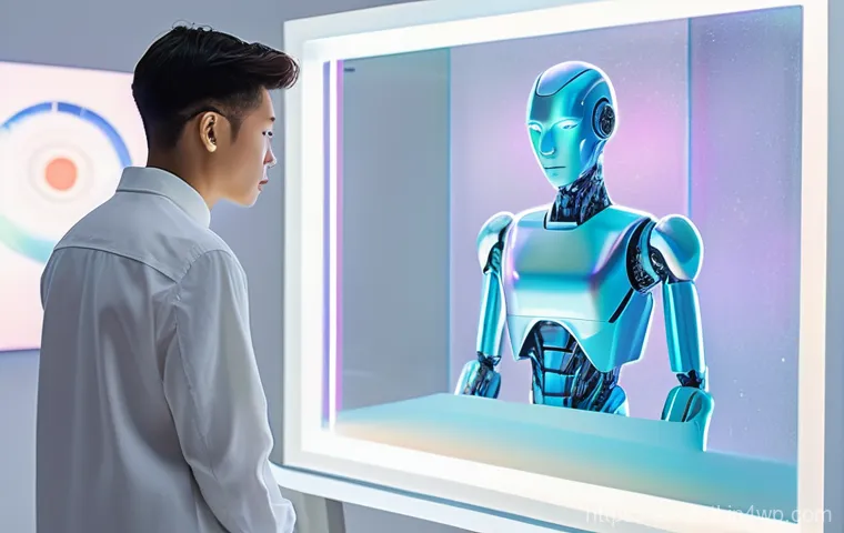 AI 기반 콘텐츠의 창작자 권리 - **Prompt:** A futuristic art studio bathed in soft, ethereal light. A sleek, minimalist humanoid rob...
