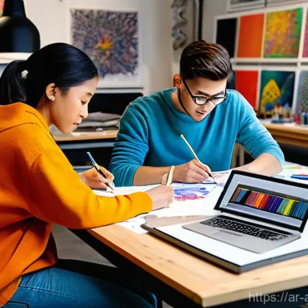 AI 크리에이터의 계약 조건과 권리 - **Prompt 1: Collaborative Innovation in a Tech-Art Studio**
"A diverse group of young adults, ag...