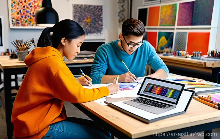 AI 크리에이터의 계약 조건과 권리 - **Prompt 1: Collaborative Innovation in a Tech-Art Studio**
"A diverse group of young adults, ag...