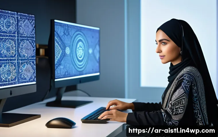 AI 크리에이터의 권리 침해 사례 및 해결 방안 - A modern digital artist of Middle Eastern descent, wearing modest clothing with traditional patterns...
