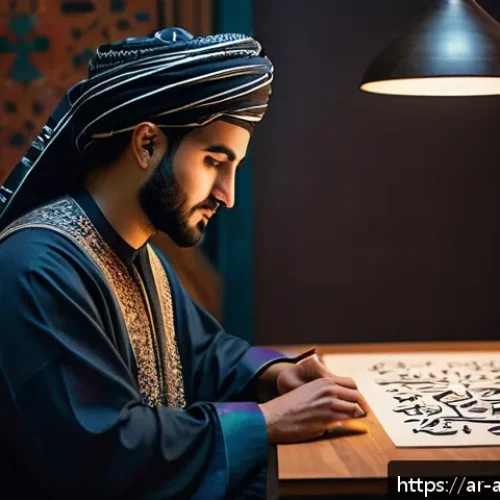 Home 15 AI 기반 창작물의 가치 평가 방법 - A modern Arab digital artist in a traditional Middle Eastern studio, blending classical calligraphy ...