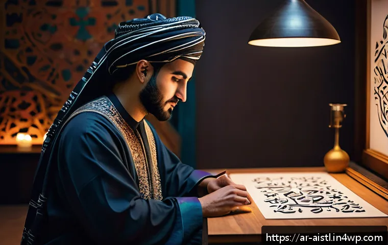 AI 기반 창작물의 가치 평가 방법 - A modern Arab digital artist in a traditional Middle Eastern studio, blending classical calligraphy ...