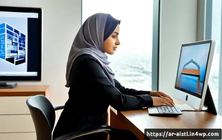 AI 생성 콘텐츠의 윤리적 고려 사항 - Photorealistic editorial scene of an Arab woman in a modest hijab and tailored business attire revie...